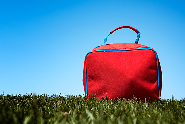 School lunch box sitting on grass